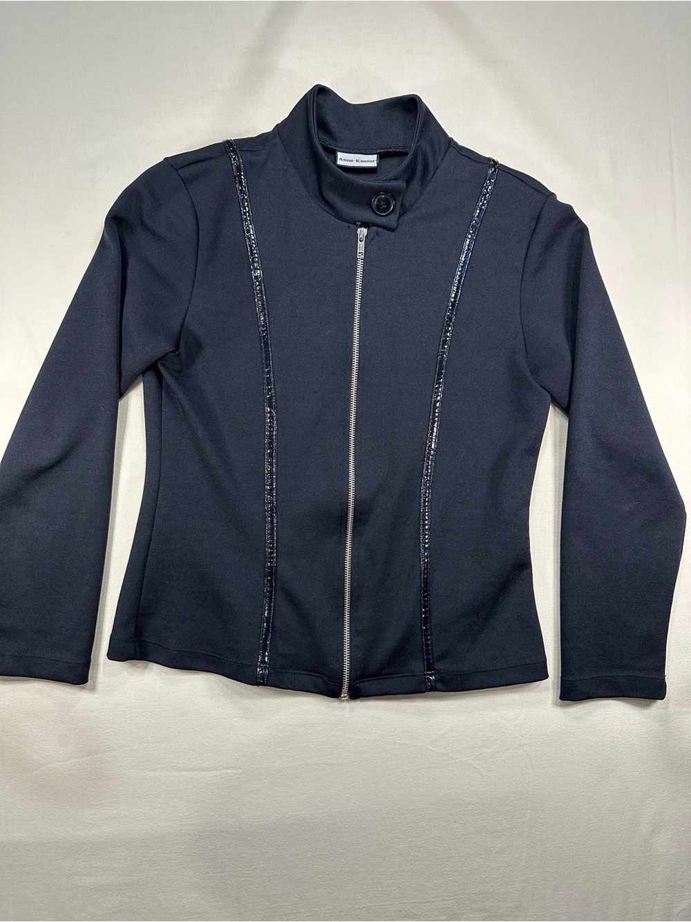 Anne Kanner Brazil Black Structured Full Zip Moto Jacket Coat Glossy EUC Size M